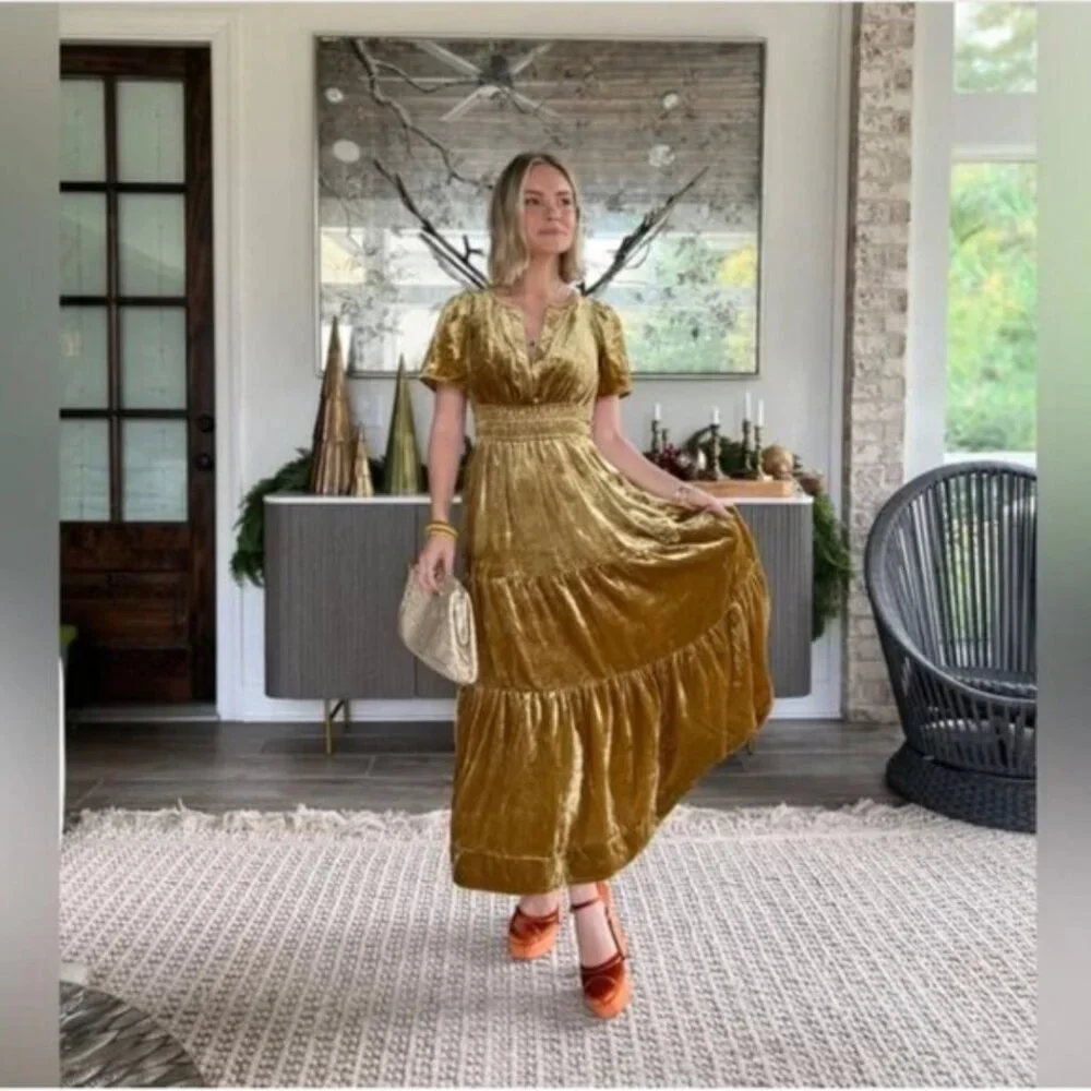 Anthropologie Gold Velvet Maxi Dress - Picture 1 of 11